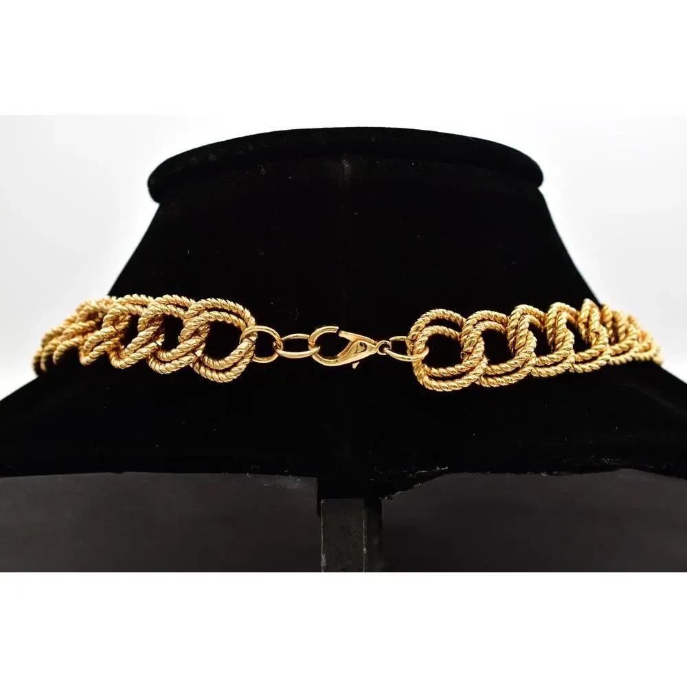Vintage Chain Collar Necklace Double Linked Textured Gold Heavy Chunky 80s BinBE
